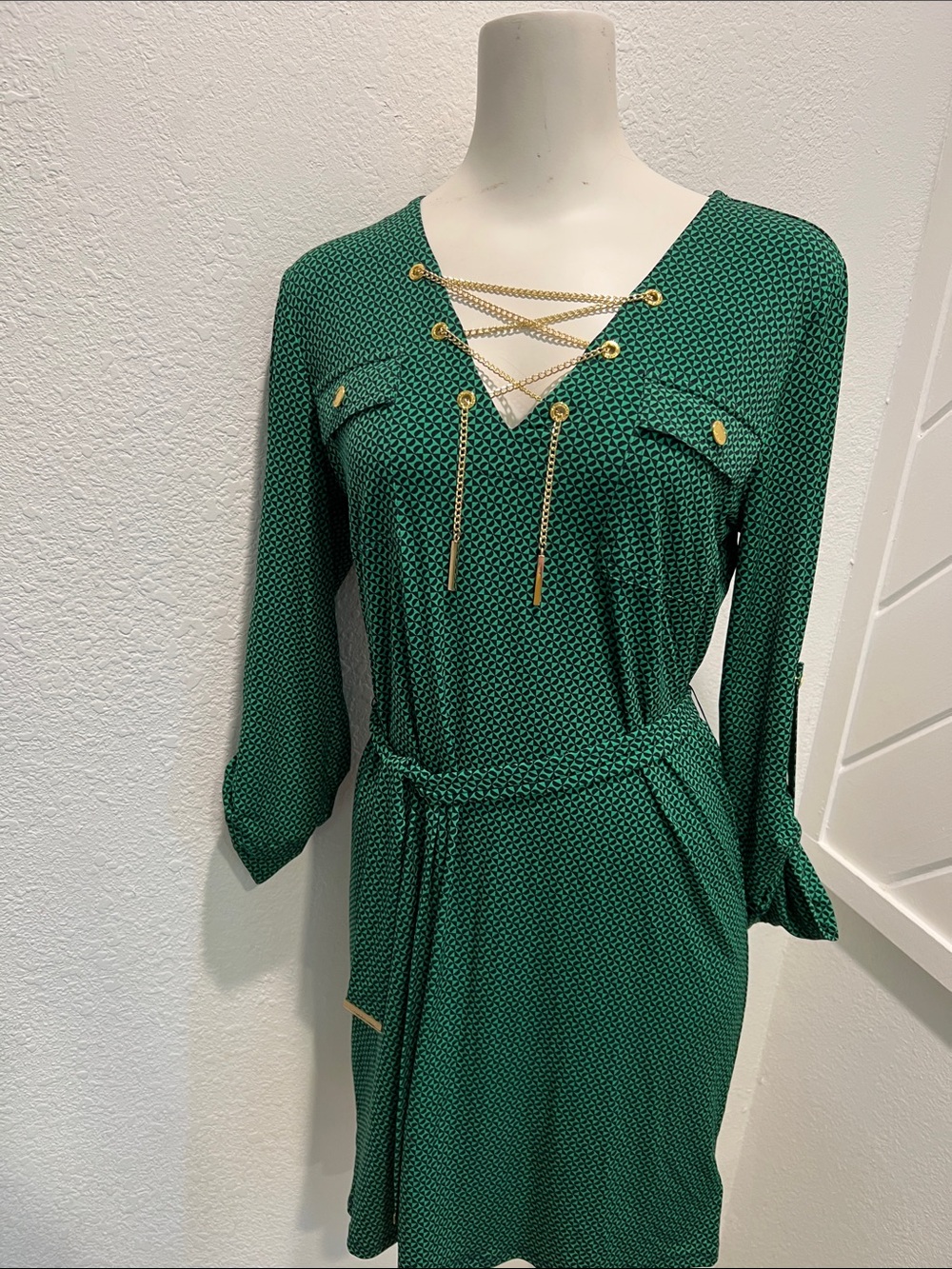 Michael Kors Green Long Sleeve Lace-Up Belted Dress with Gold Hardware